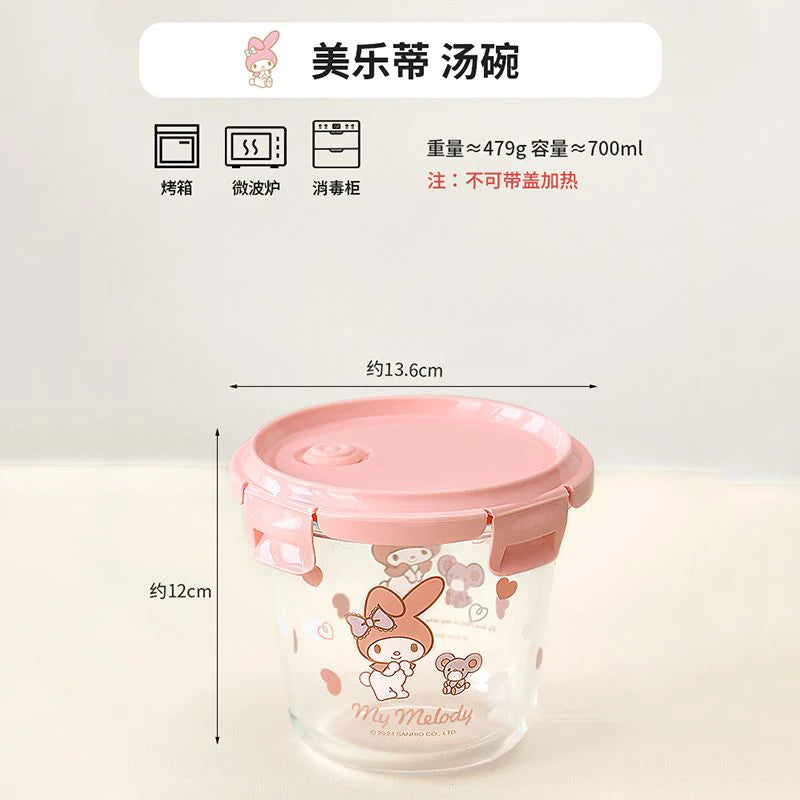 Sanrio Kawaii Hello Kitty Glass Lunch Box My Melody Kuromi Anime Cartoon Sweet Microwaveable Sealed Soup Bowls with Separate Lid