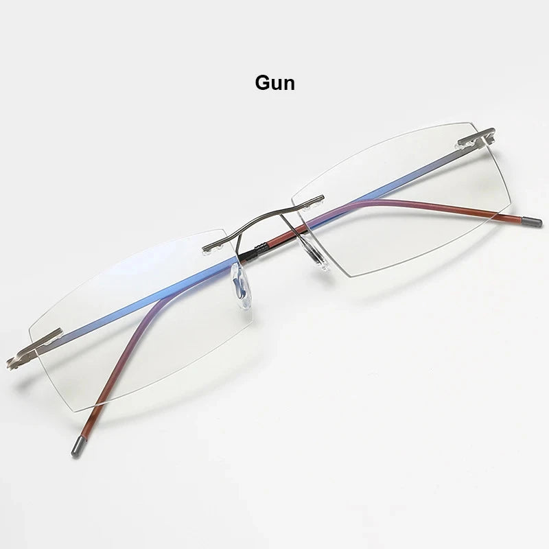 Men's Anti Blue Light Blocking Reading Glasses Cut Frameless Metal HD Lens Eyewear Women Prescription Presbyopic Glasses +400