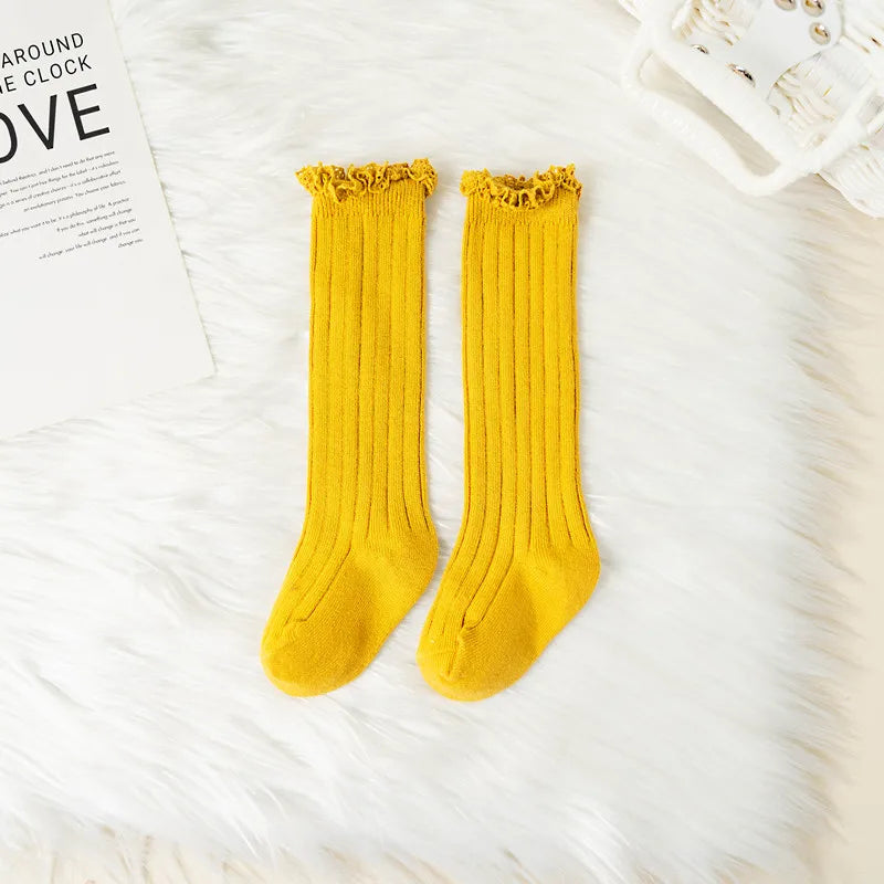 Ruffle Kids Knee High Socks Baby Girls Toddlers Long Soft Cotton Sock Lace Flower Children School Uniform Socks For 0-8 Years