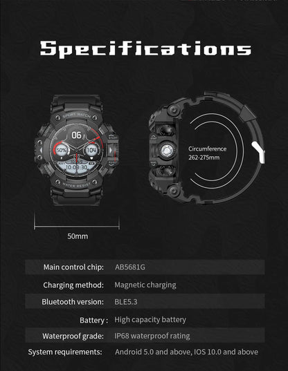 2025 New Rugged Outdoors Sports Smart Watch Men Bluetooth Call Colorful IP68 Waterproof Military Compass Smartwatches Flashlight