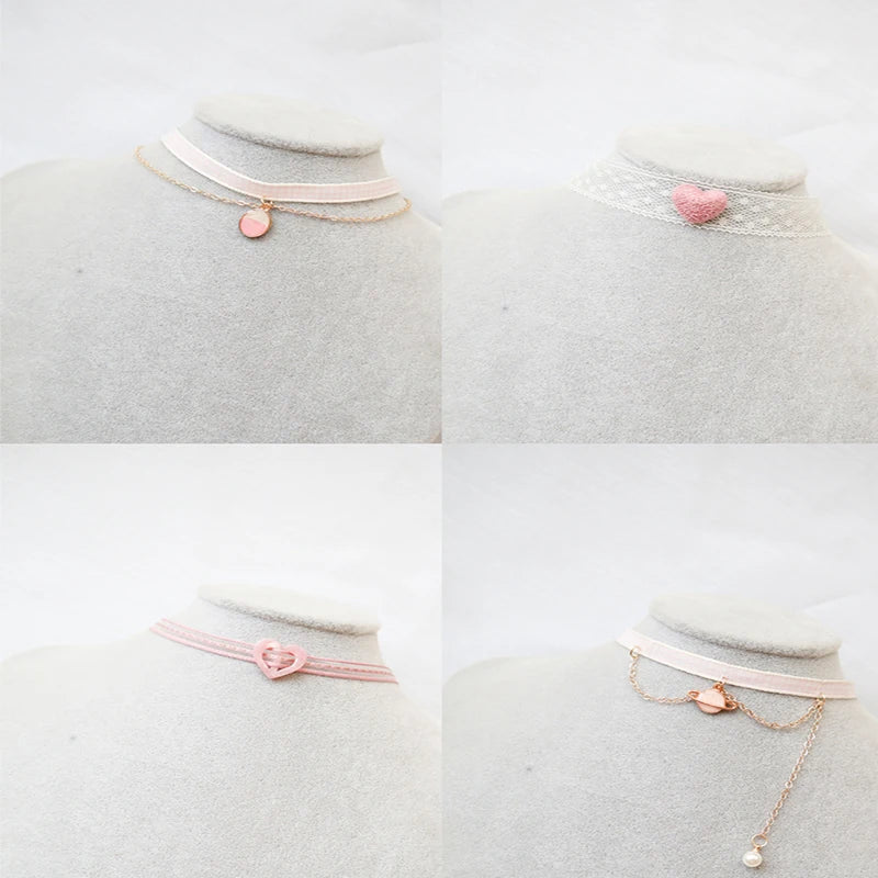 Fashion Women's Choker Necklace Lovely Gothic Pink Lace Pearl Pendant Elastic Short Clavicle Necklace Jewelry Gift For Girls