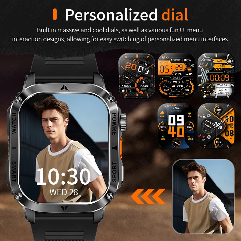 LIGE New Premium Military Smart Watch Men Flashlight Waterproof Outdoor Sport Tracker Bluetooth Call Smartwatch 400mAh Battery