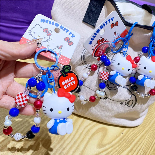 Wholesale Sanrio Keychain Hello Kitty Schoolbag Pendant Kawaii Kt Red Blue White Cartoon Key Kitty Tv Beaded Keyring Girl Gift ﻿