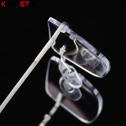 Men's Anti Blue Light Blocking Reading Glasses Cut Frameless Metal HD Lens Eyewear Women Prescription Presbyopic Glasses +400