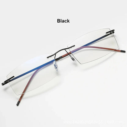 Men's Anti Blue Light Blocking Reading Glasses Cut Frameless Metal HD Lens Eyewear Women Prescription Presbyopic Glasses +400