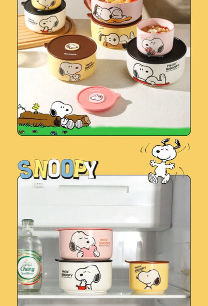 Snoopy animation peripheral cartoon safety bowl sealed ceramic box with lid can be microwaved and portable for office workers
