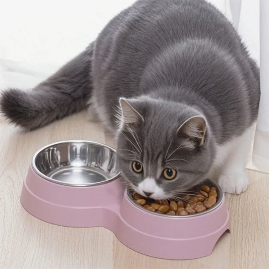 Pet Cat & Dog Dual Bowl - 2-in-1 Food & Water Bowl for Medium Cats, Puppies, Pet Feeding Supplies