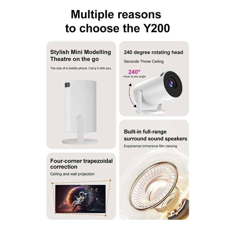 HY200 Portable Projector 1080P, 270° Adjustable Angle, Movie Projector for Phone/Laptop/TV Box, Speaker & HDMI/USB Input
