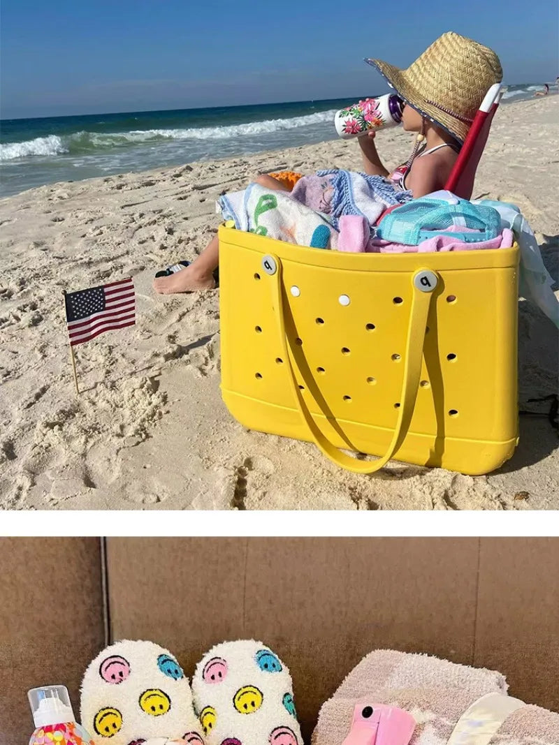 M/L/XL Fashion Beach Bags EVA Rubber Waterproof Storage Baskets Travel Shopping Handbag Women Shoulder Solid Color Tote Bag