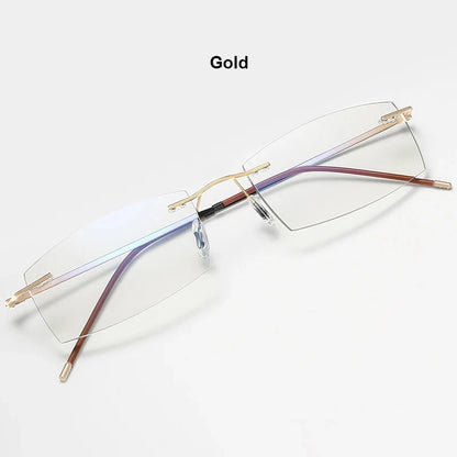 Men's Anti Blue Light Blocking Reading Glasses Cut Frameless Metal HD Lens Eyewear Women Prescription Presbyopic Glasses +400
