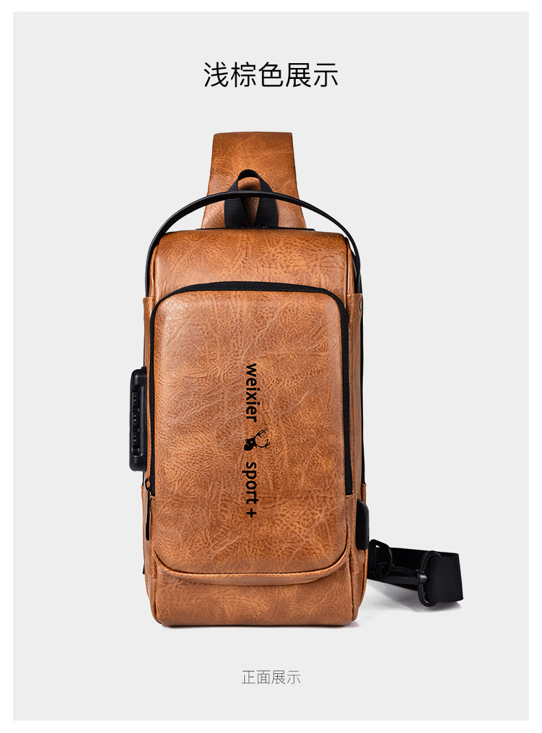 New Casual Chest Bag Travel shoulder bag Men Multifunction Anti-theft USB Charging Crossbody Bag Quality PU Leather Pack Male