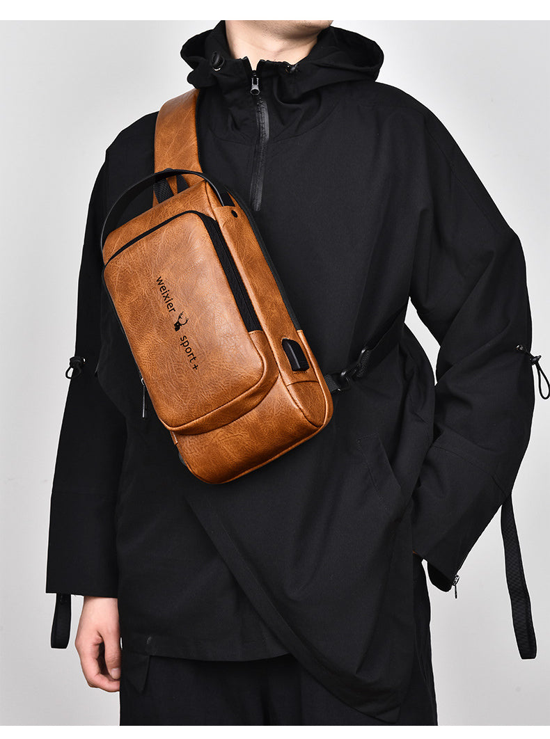 New Casual Chest Bag Travel shoulder bag Men Multifunction Anti-theft USB Charging Crossbody Bag Quality PU Leather Pack Male