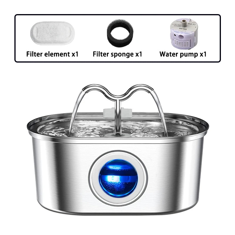 108oz/3.2L Cat Water Stainless Steel Pets Dispenser With LED Light Silent Pump Automatic Fountain For Cat Dog Drinking Bowl