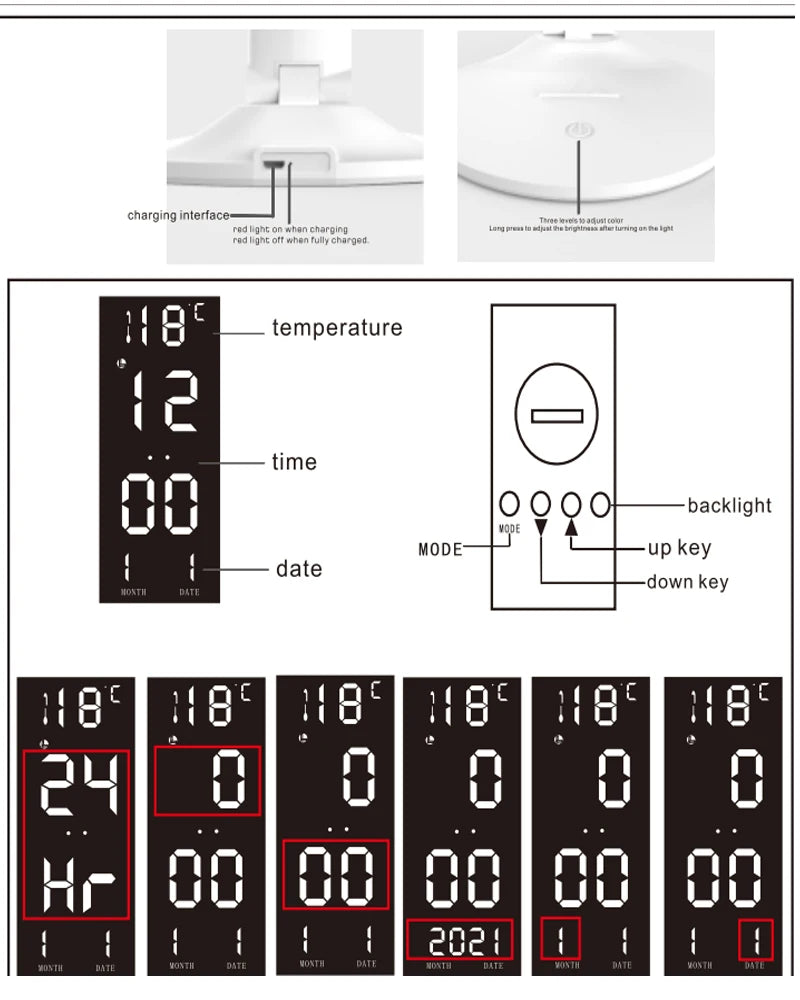LED Table Lamp USB Chargeable Dimmable Clock Desk Lamps 2 Heads 180 Rotate Foldable Eye Protection Desktop Reading Night Lights