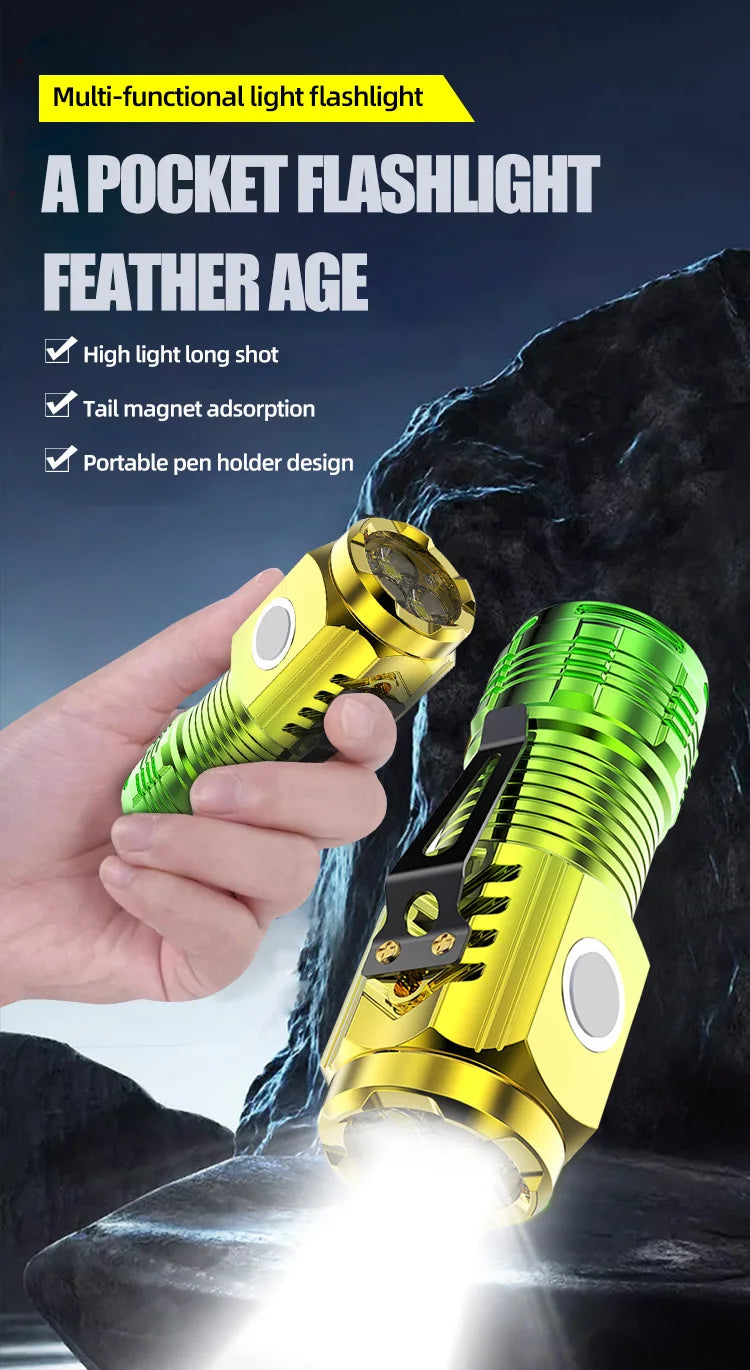 Strong LED Flashlight Super Bright Mini Portable Three-eye Monster Multi-function Magnet Charging Home Outdoor Portable Light