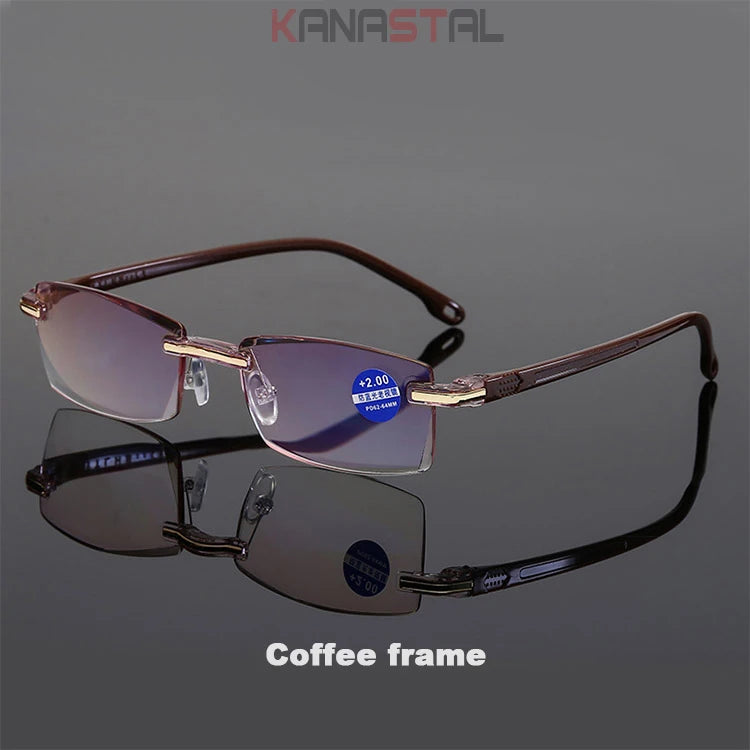 Men's Anti Blue Light Blocking Reading Glasses Cut Frameless Metal HD Lens Eyewear Women Prescription Presbyopic Glasses +400