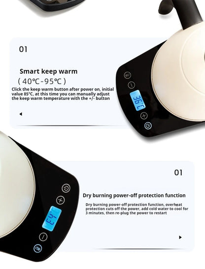800ml Hand Brew Coffee Pot Intelligent Constant Temperature Electric Kettle Gooseneck Fine-mouth Stainless Steel Teapot Kettles