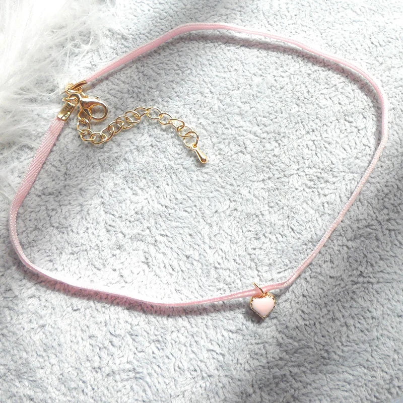 Fashion Women's Choker Necklace Lovely Gothic Pink Lace Pearl Pendant Elastic Short Clavicle Necklace Jewelry Gift For Girls
