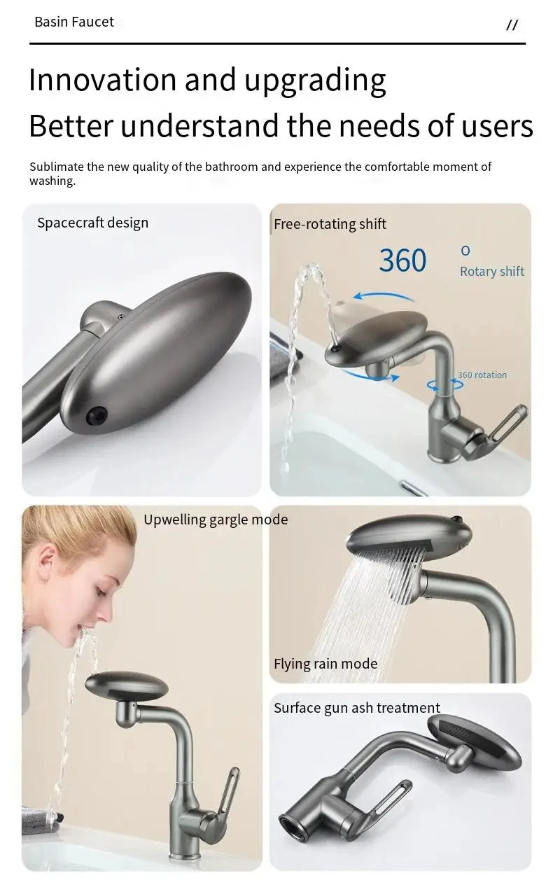 Torneira multifuncional para cascata, 4 modo de saída de água, torneira de pulverização, Rotação 360 °, água quente e fria, mist