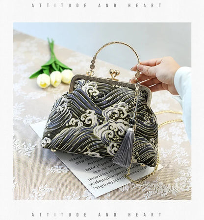 Fashion Vintage Fringe Bag Small Shell Bags Chain Women Shoulder Crossbody Bag Crane Flying Women's Handbags Purses Embroidery