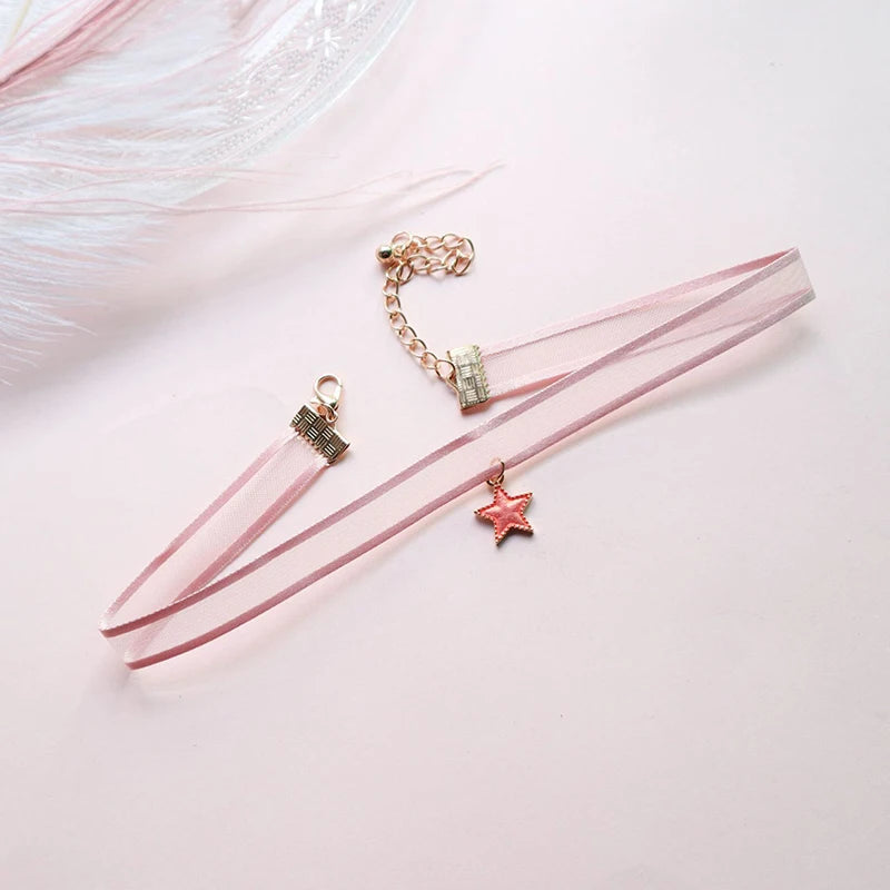Fashion Women's Choker Necklace Lovely Gothic Pink Lace Pearl Pendant Elastic Short Clavicle Necklace Jewelry Gift For Girls