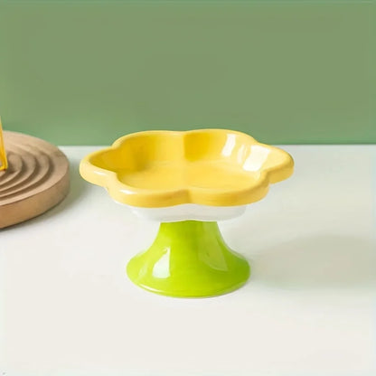 Pet Bowl Ceramic Flower Design Cat Food Bowl High Foot Water Plate Snack Dish with Stand for Neck Protection Drinking Water
