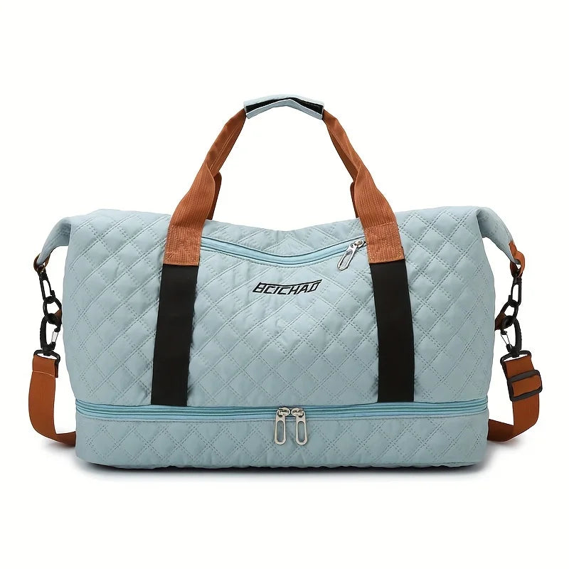 Nylon Travel Duffle Bag with Shoe Compartment, Large Capacity Argyle Pattern Casual Weekender Overnight Gym Storage Bag