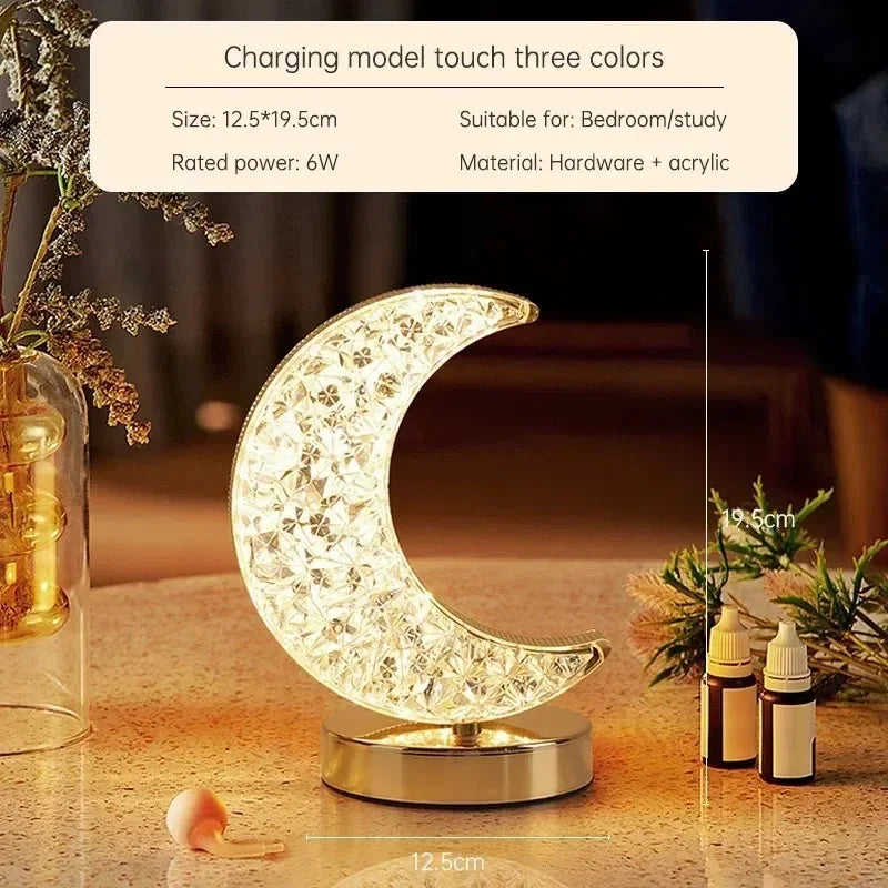 Night Light Bedroom Crystal Touch Dimming Room Home Decor Aesthetics USB Bedside LED Ambient Table 3D Moon Lamp