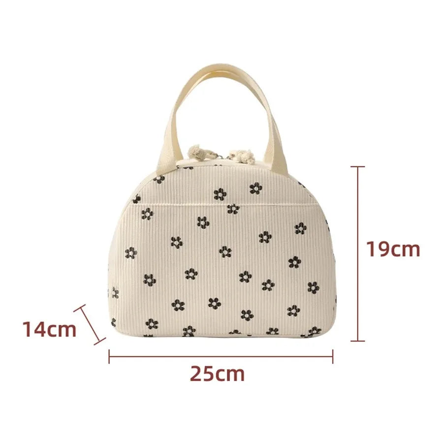 Portable Corduroy Lunch Bags Thermal Insulation Lunch Box Cute Print Women Lunch Storage Bag Picnic Bento Large Capacity Handbag