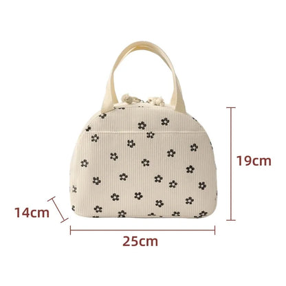 Portable Corduroy Lunch Bags Thermal Insulation Lunch Box Cute Print Women Lunch Storage Bag Picnic Bento Large Capacity Handbag