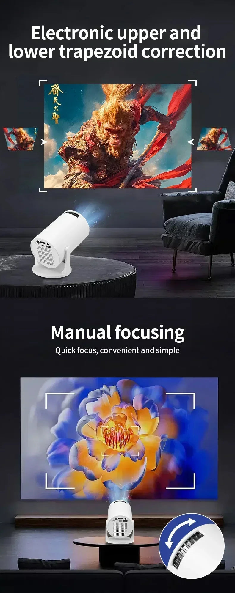 HY200 1080P Portable Projector, 270° Adjustable for Home Theater, Supports Smartphone/Tablet/PC Connection