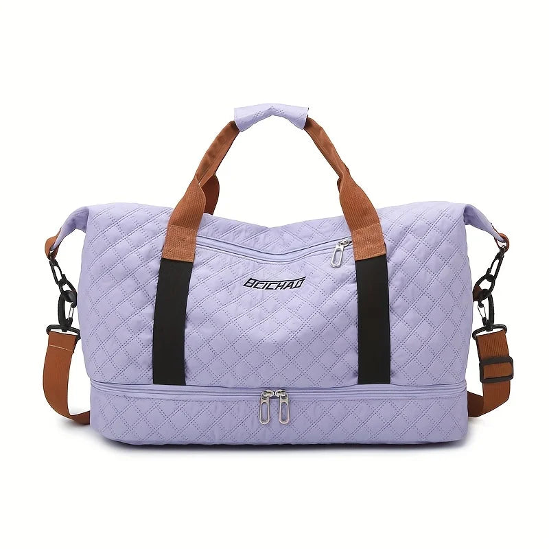 Nylon Travel Duffle Bag with Shoe Compartment, Large Capacity Argyle Pattern Casual Weekender Overnight Gym Storage Bag