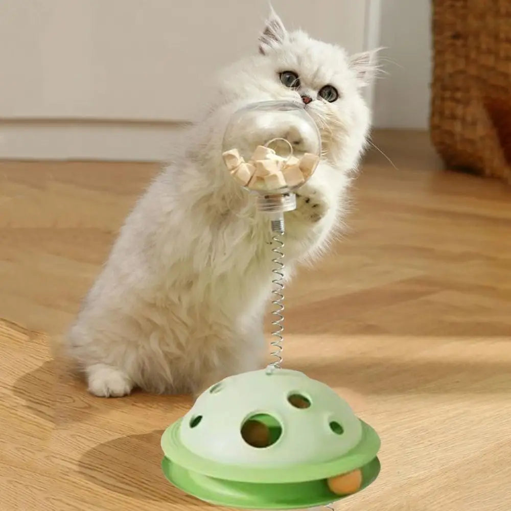 Plastic Cat Leaking Food Ball Interactive with Spring Rod Cat Track Balls Toy Detachable Cat Turntable Toy