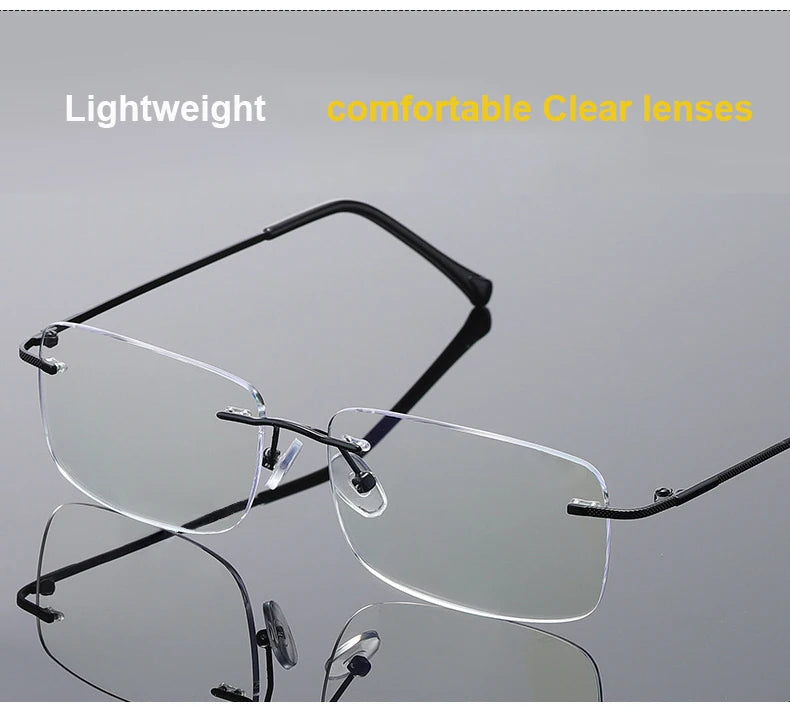 Men's Anti Blue Light Blocking Reading Glasses Cut Frameless Metal HD Lens Eyewear Women Prescription Presbyopic Glasses +400