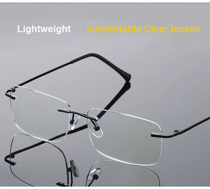 Men's Anti Blue Light Blocking Reading Glasses Cut Frameless Metal HD Lens Eyewear Women Prescription Presbyopic Glasses +400