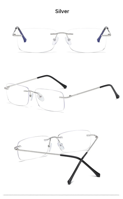Men's Anti Blue Light Blocking Reading Glasses Cut Frameless Metal HD Lens Eyewear Women Prescription Presbyopic Glasses +400