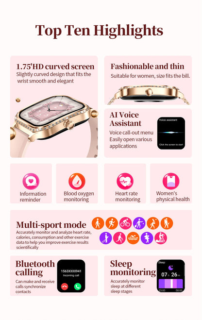 New Fashion Women Smart Watch 1.75inch Curved Screen Sports Bracelet BT HD Calling Clock IP68 Waterproof Diamond Case Smartwatch