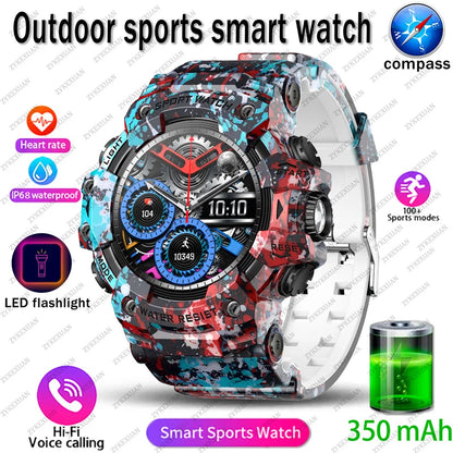 2025 Rugged Sport Smart Watch Bluetooth Calls Colorful Waterproof Military Smartwatches with Flashlight SOS COMPASS for Phone