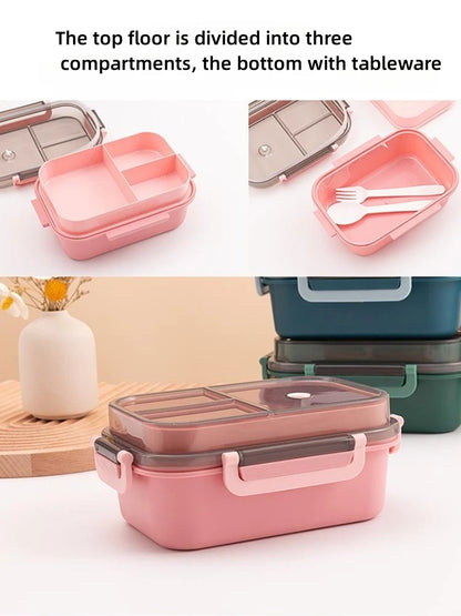 Portable Sealed Lunch Box 2Tier Lattice Microwave Available Heating Student Office Staff Fruit Food Containers with Forks Spoons