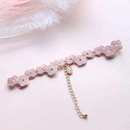 Fashion Women's Choker Necklace Lovely Gothic Pink Lace Pearl Pendant Elastic Short Clavicle Necklace Jewelry Gift For Girls