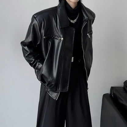 American PU Leather Coat Bomber Jacket Men Autumn Leather Jacket Men's Lapel Zipper Biker Jacket Men Clothing Coat Streetwear