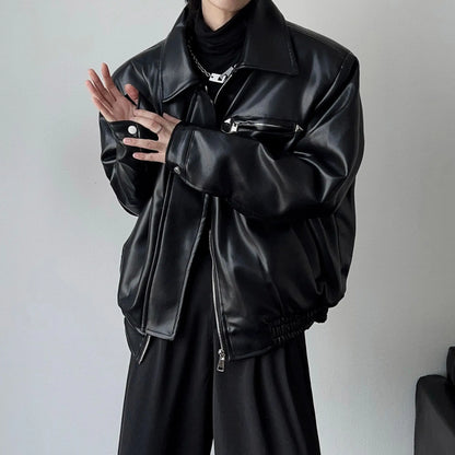 American PU Leather Coat Bomber Jacket Men Autumn Leather Jacket Men's Lapel Zipper Biker Jacket Men Clothing Coat Streetwear