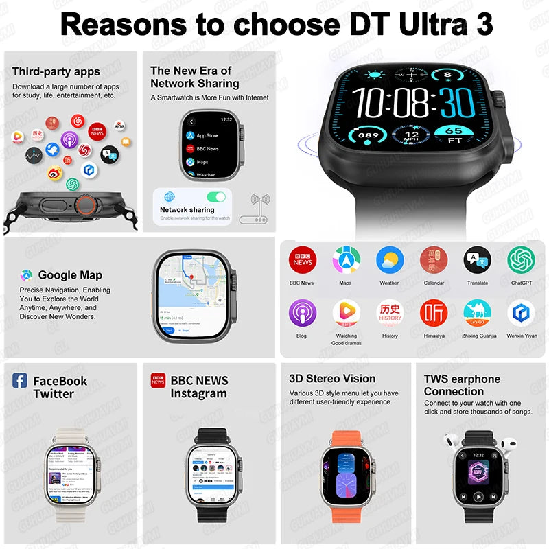 DT Ultra 3 Pro Smart Watch HD AMOLED Screen 32GB MP3 MP4 Player  APP Store GPS Navigator ChatGPT NFC Sports Smartwatch Men Women