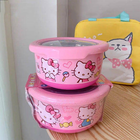 Anime Sanrio Hello Kitty Stainless Steel With Lid Ramen Bowl Student Dormitory Fruit Salad Rice Soup Bowl Kitchen Tableware
