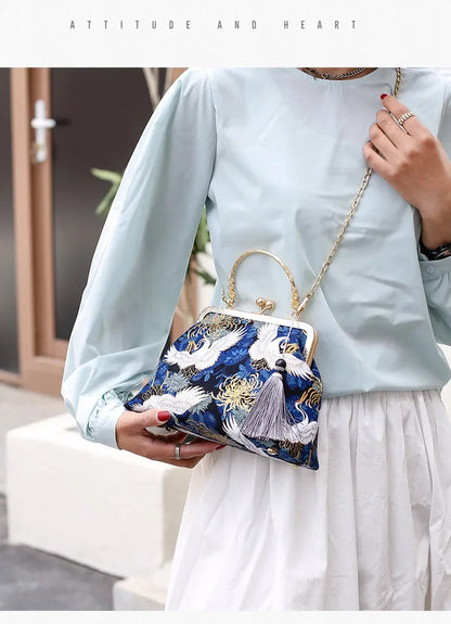 Fashion Vintage Fringe Bag Small Shell Bags Chain Women Shoulder Crossbody Bag Crane Flying Women's Handbags Purses Embroidery