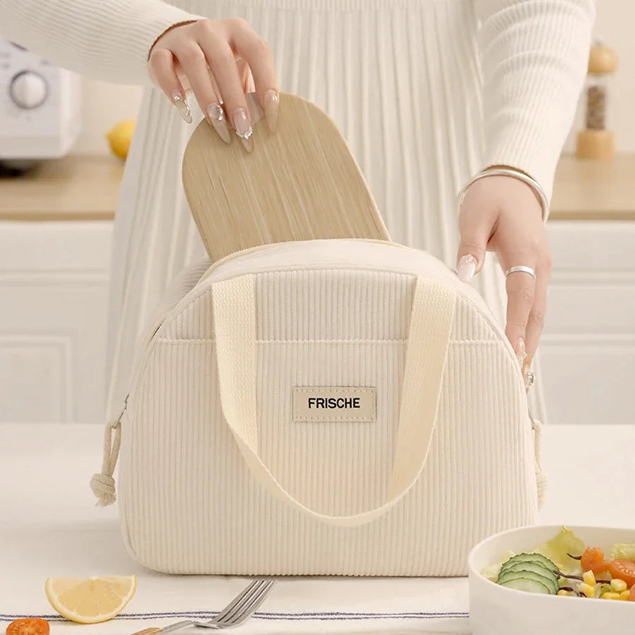Portable Corduroy Lunch Bags Thermal Insulation Lunch Box Cute Print Women Lunch Storage Bag Picnic Bento Large Capacity Handbag
