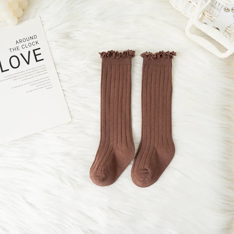 Ruffle Kids Knee High Socks Baby Girls Toddlers Long Soft Cotton Sock Lace Flower Children School Uniform Socks For 0-8 Years