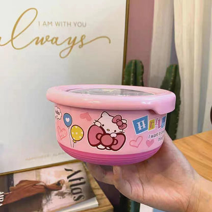 Anime Sanrio Hello Kitty Stainless Steel With Lid Ramen Bowl Student Dormitory Fruit Salad Rice Soup Bowl Kitchen Tableware