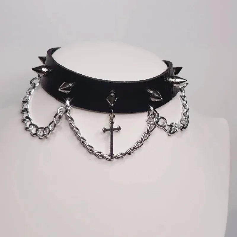 Choker with Silver Tone Cross with Punk Gorgeous Alternative Jewellery Pendant Necklace Wide Statement Charm Women Gift Harajuku