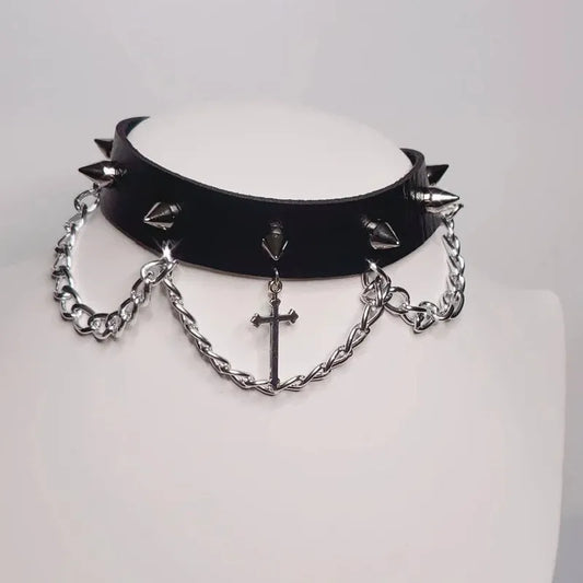 Choker with Silver Tone Cross with Punk Gorgeous Alternative Jewellery Pendant Necklace Wide Statement Charm Women Gift Harajuku